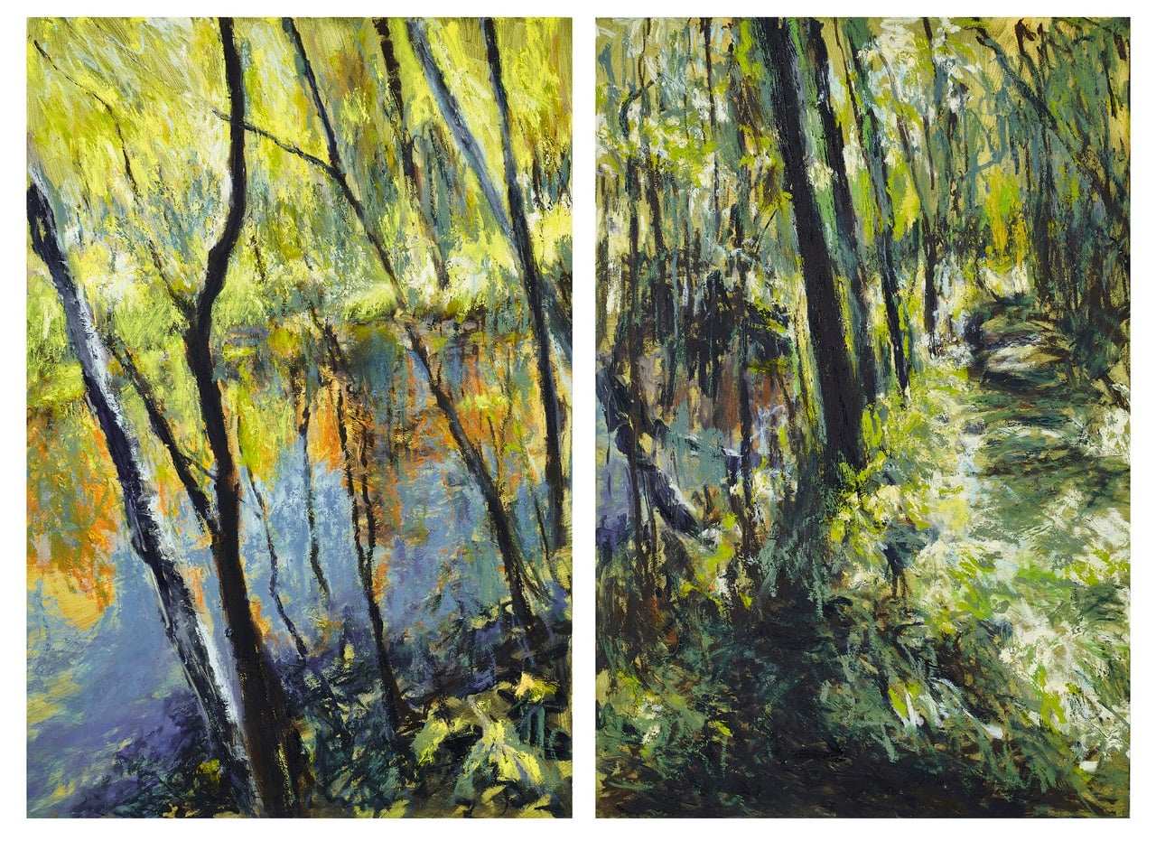 Cooper's Pond - Green and Gold, oil stick, 36"x48", 2023